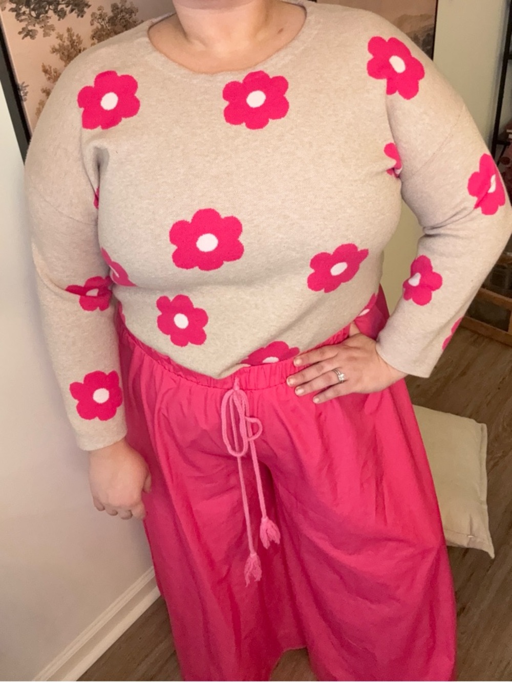 Tahari 2X Beige Pink Floral Sweater | Flower Print Knit